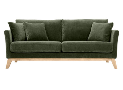 Canap&eacute; scandinave d&eacute;houssable 3 places en tissu effet velours vert kaki et bois clair OSLO
