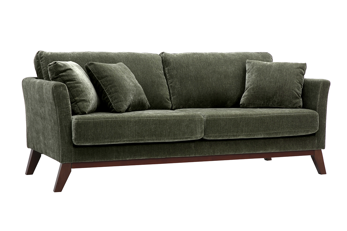 Canap� scandinave d�houssable 3 places en tissu effet velours vert kaki, vue de 3/4.