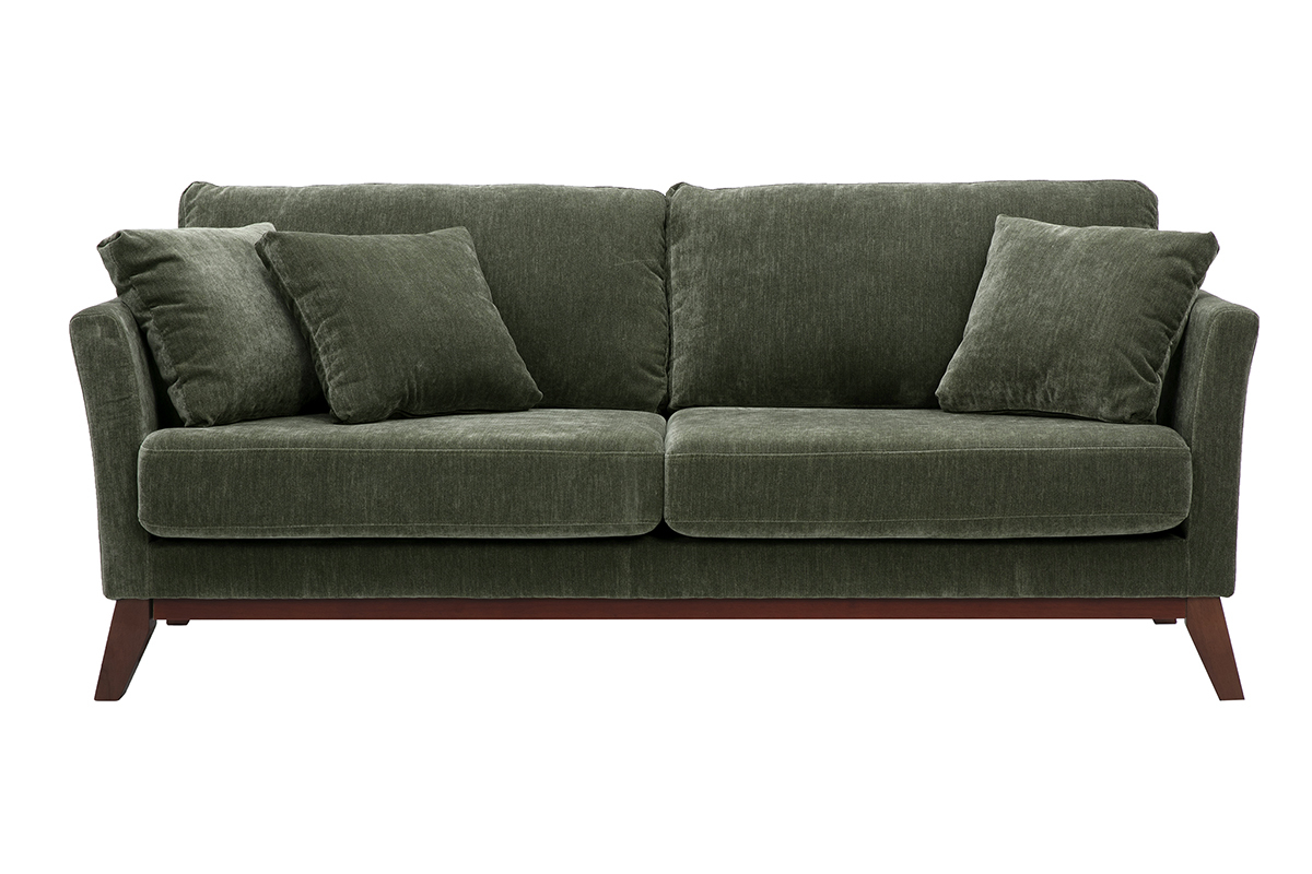 Canap� scandinave d�houssable 3 places vert kaki avec coussins, vue de face