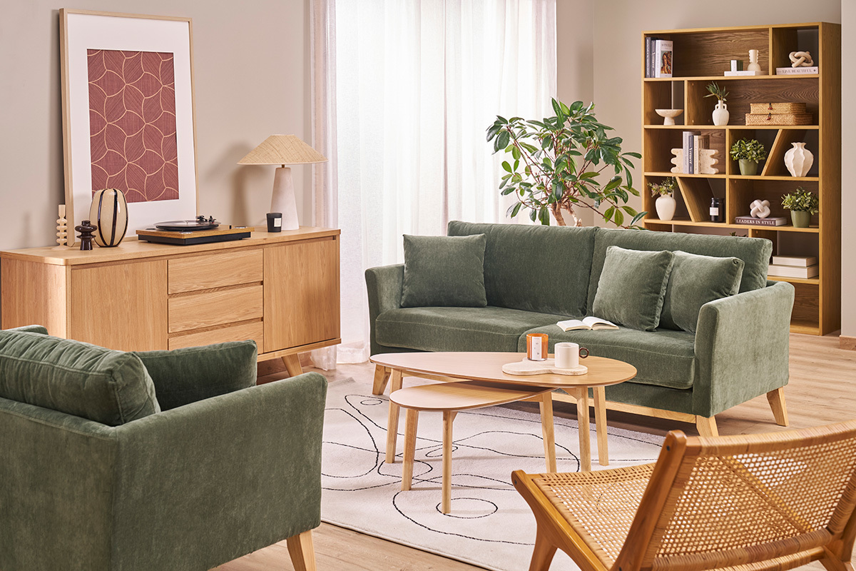 Canap� scandinave d�houssable 3 places en tissu effet velours vert kaki et bois fonc� OSLO