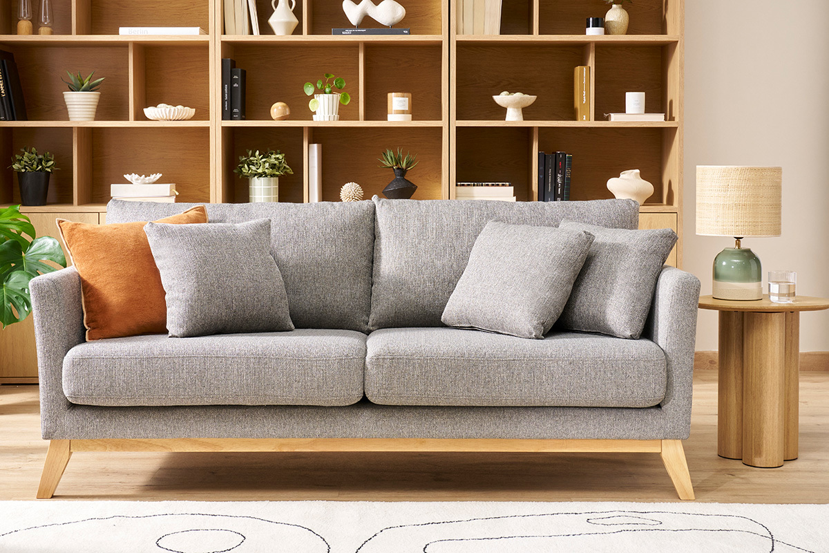 Canap� scandinave d�houssable 3 places en tissu gris clair et bois clair OSLO