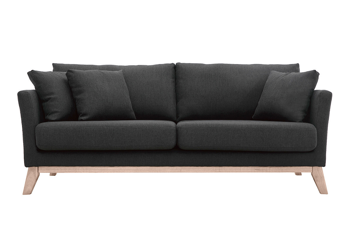 Canap� scandinave 3 places gris fonc� avec pieds en bois clair, vue de face.