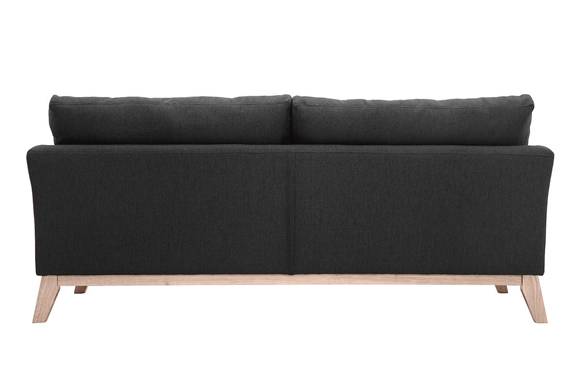 Canap� scandinave 3 places en tissu gris fonc�, vue de dos, pieds en bois clair.