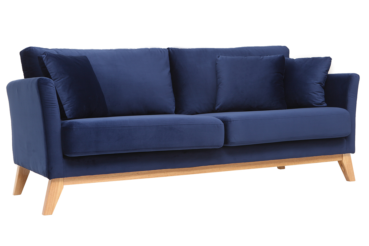 Canap� scandinave d�houssable 3 places en tissu velours bleu nuit et bois clair OSLO