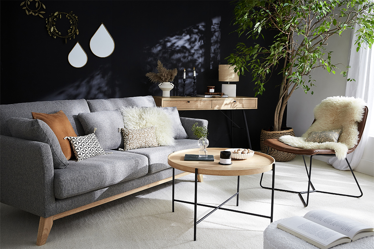 Canap� scandinave d�houssable 3 places en tissu velours bleu nuit et bois clair OSLO