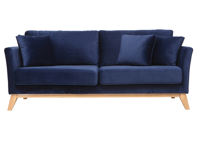 Canap&eacute; scandinave d&eacute;houssable 3 places en tissu velours bleu nuit et bois clair OSLO