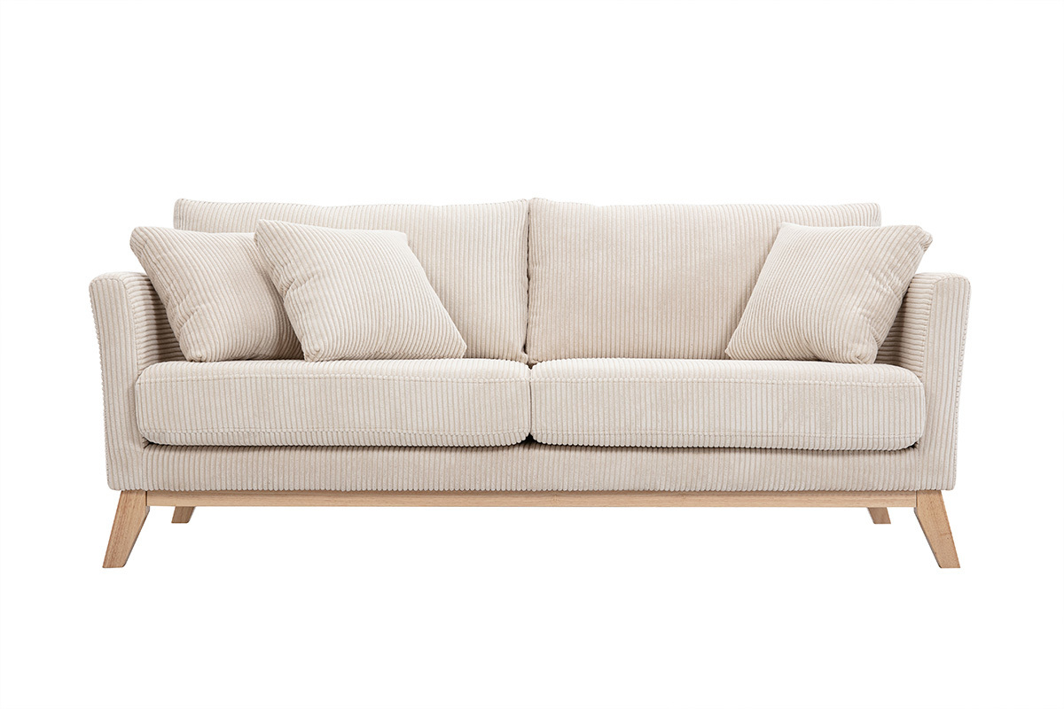 Canap� scandinave d�houssable 3 places en tissu velours c�tel� beige et bois clair OSLO