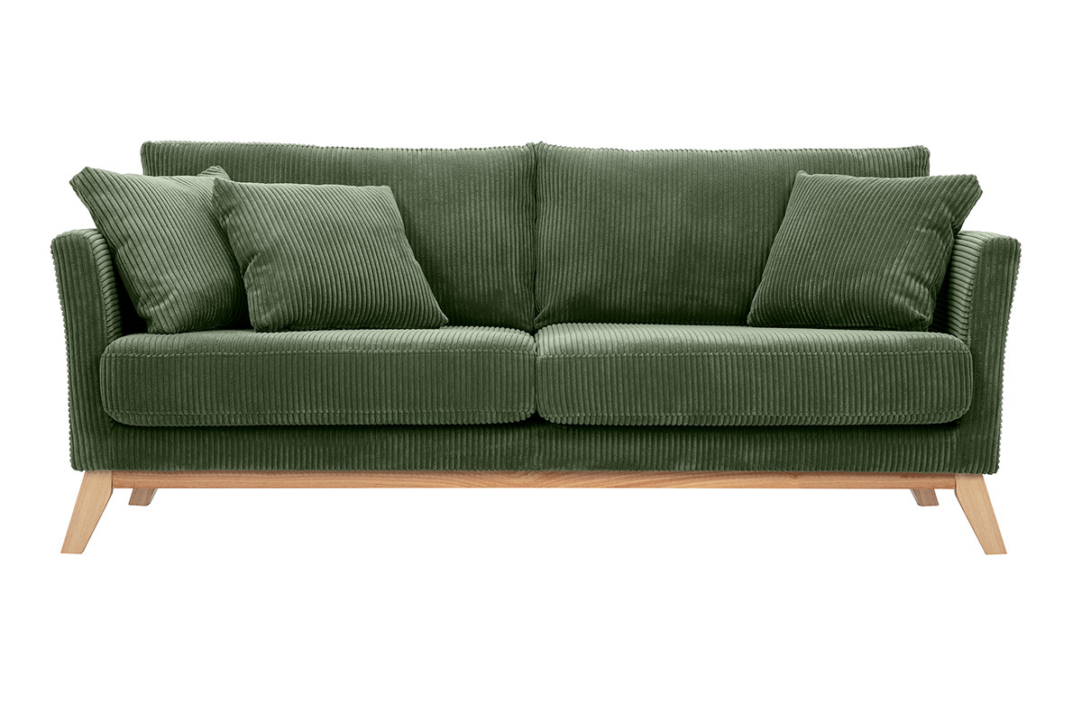 Canap� scandinave d�houssable 3 places en tissu velours c�tel� vert kaki et bois clair OSLO