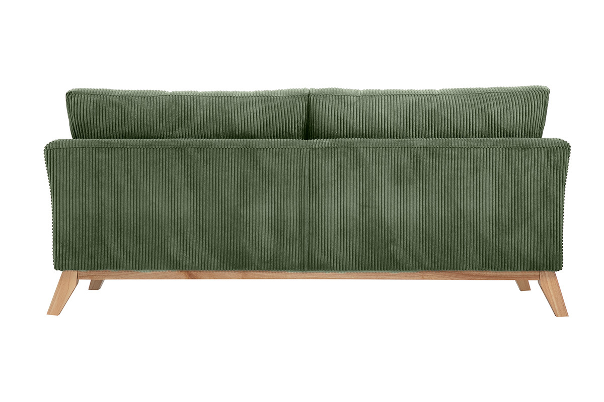 Canap� scandinave d�houssable 3 places en tissu velours c�tel� vert kaki et bois clair OSLO