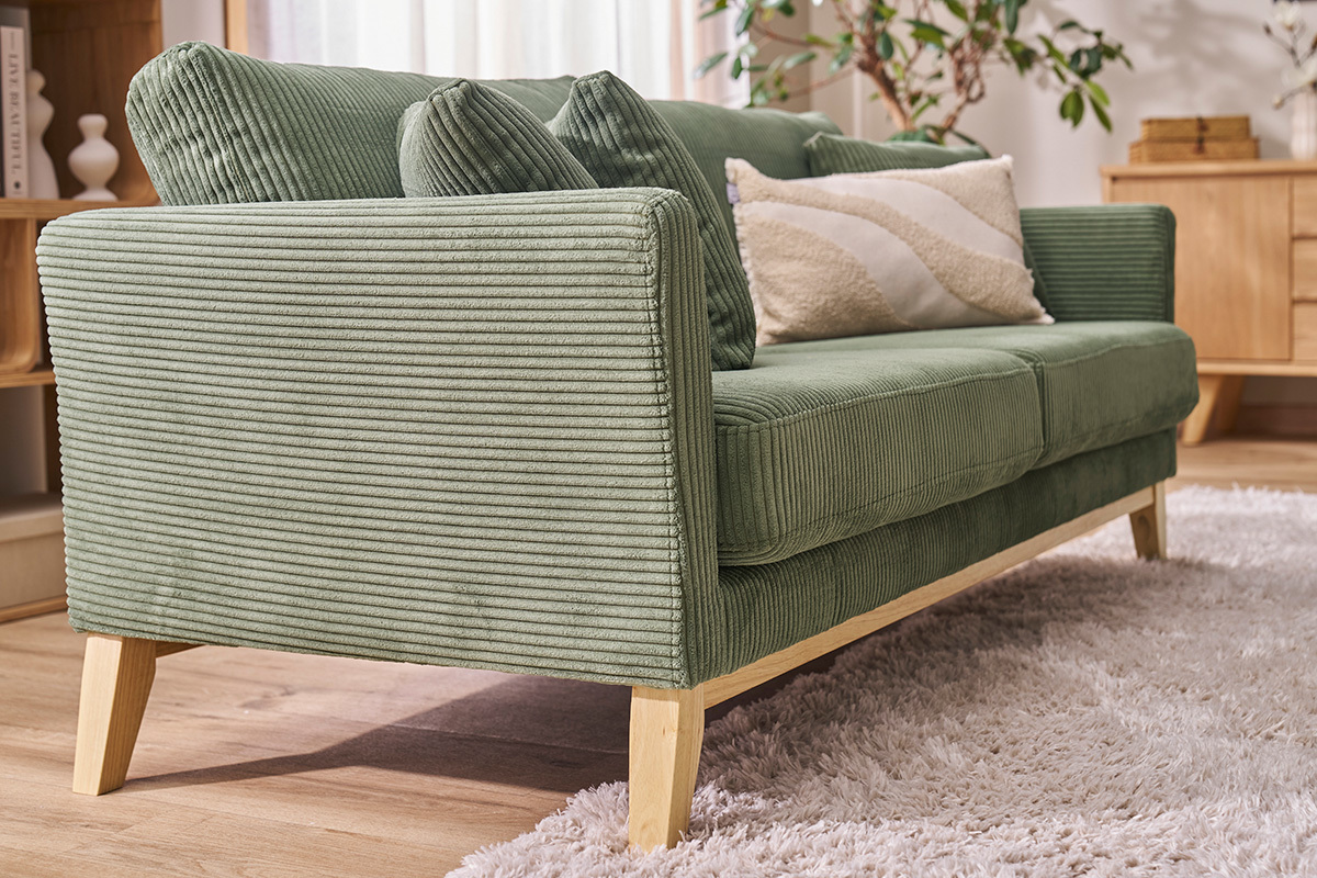 Canap� scandinave d�houssable 3 places en tissu velours c�tel� vert kaki et bois clair OSLO