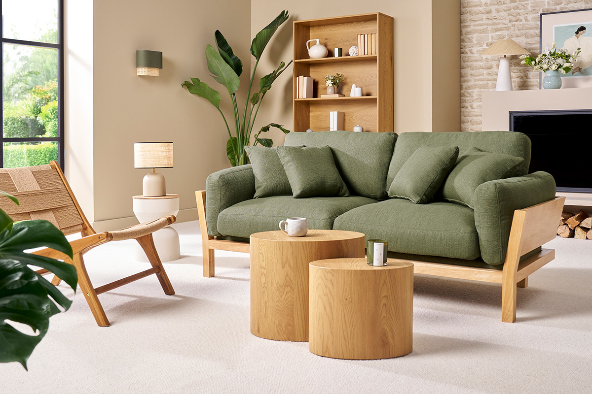 Canap� scandinave d�houssable 3 places en tissu vert kaki et bois clair KYO