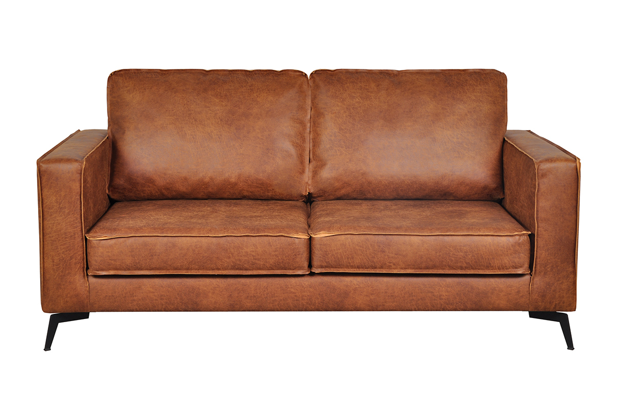 Canap� vintage 2-3 places cuir marron cognac aspect vieilli et m�tal noir SONNY