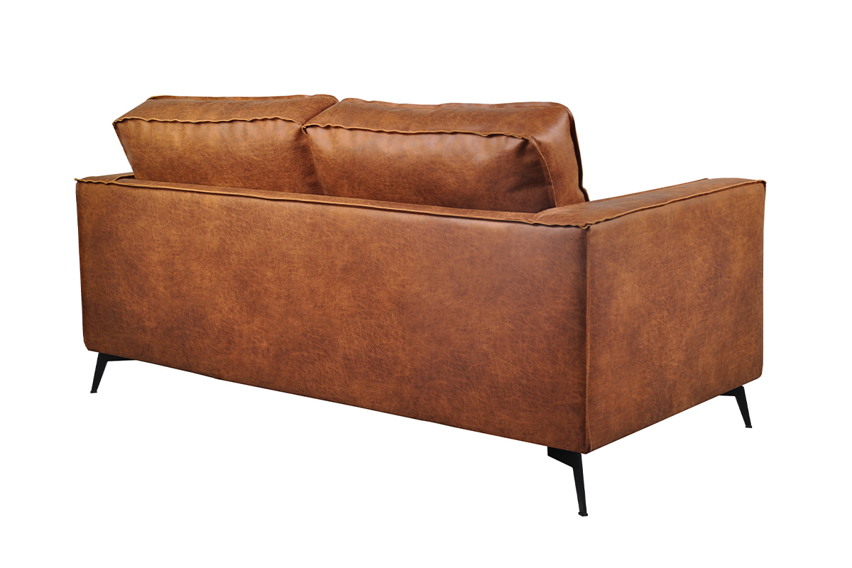 Canap� vintage 2-3 places cuir marron cognac aspect vieilli et m�tal noir SONNY