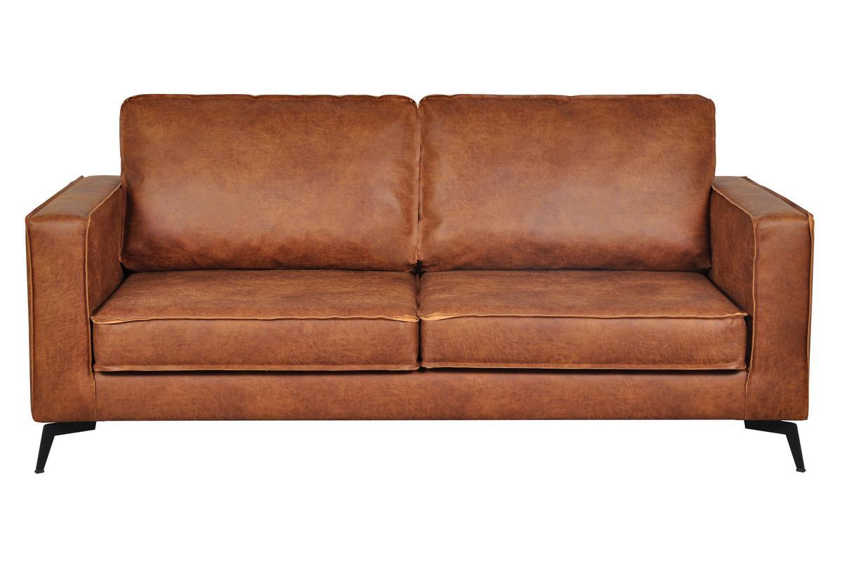 Canap� vintage 3 places cuir marron cognac aspect vieilli et m�tal noir SONNY