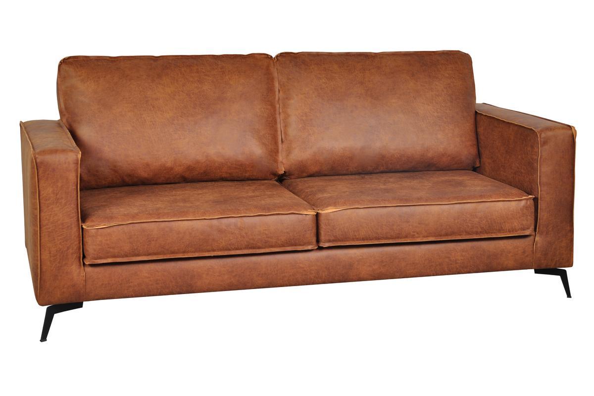 Canap� vintage 3 places cuir marron cognac aspect vieilli et m�tal noir SONNY