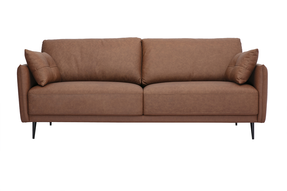 Canap� 3 places DAVEN vintage en cuir marron et bois, pieds en bois massif, accoudoirs fins, coussins d'appoint