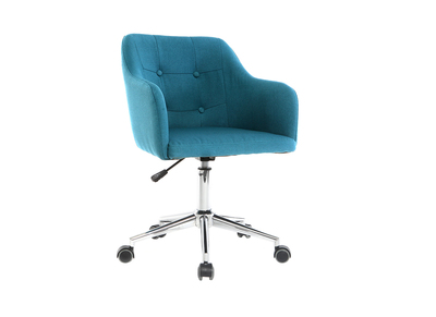 Chaise de bureau &agrave; roulettes capitonn&eacute;e en tissu bleu canard et acier chrom&eacute; BALTIK