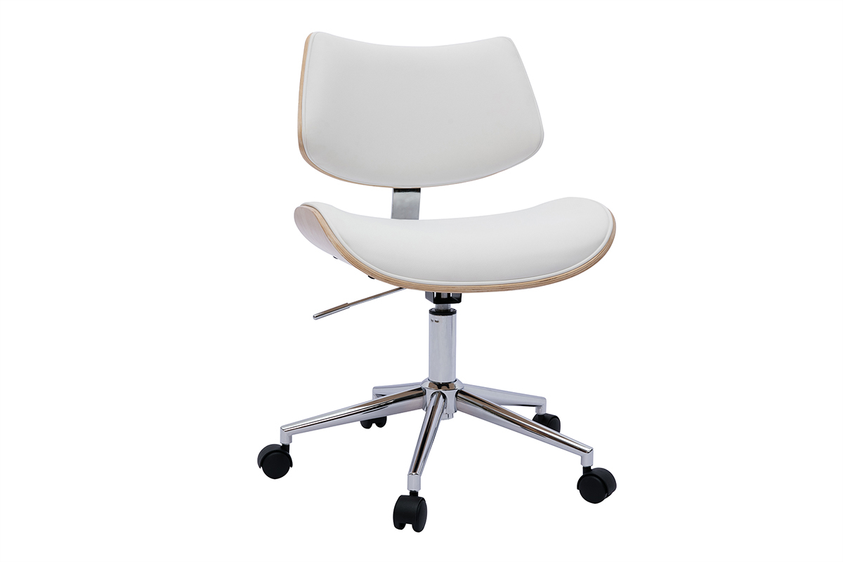 Chaise de bureau � roulettes design blanc, bois clair ch�ne et m�tal MALMO