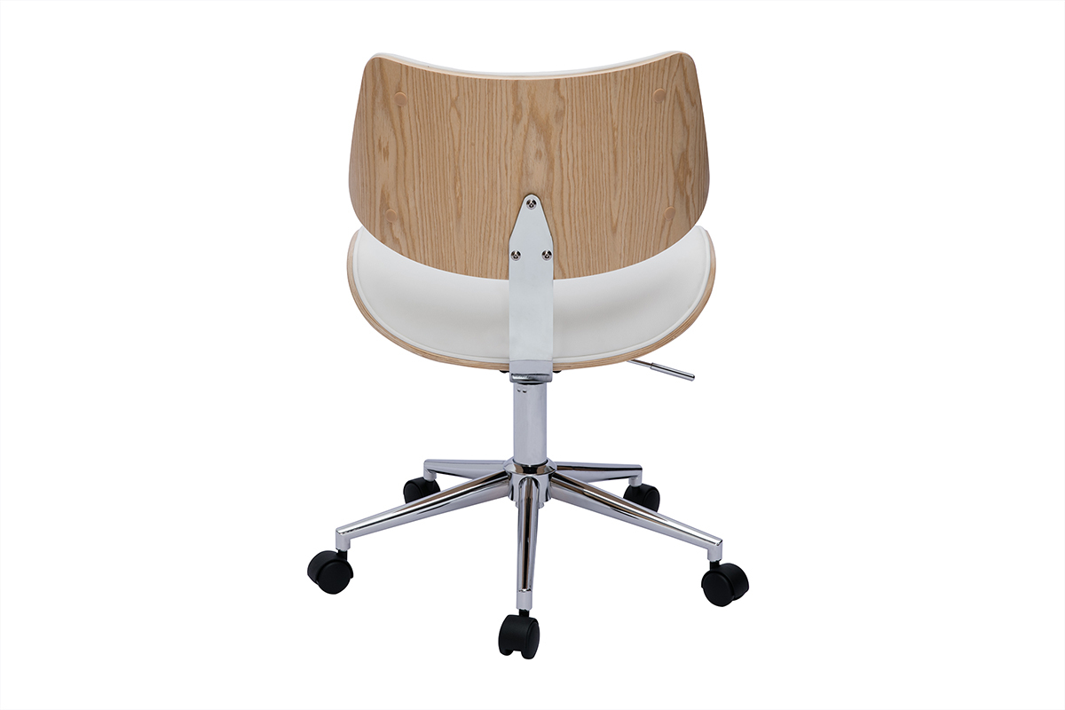Chaise de bureau � roulettes design blanc, bois clair ch�ne et m�tal MALMO