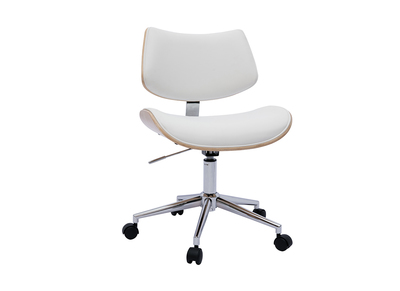 Chaise de bureau &agrave; roulettes design blanc, bois clair ch&ecirc;ne et m&eacute;tal MALMO