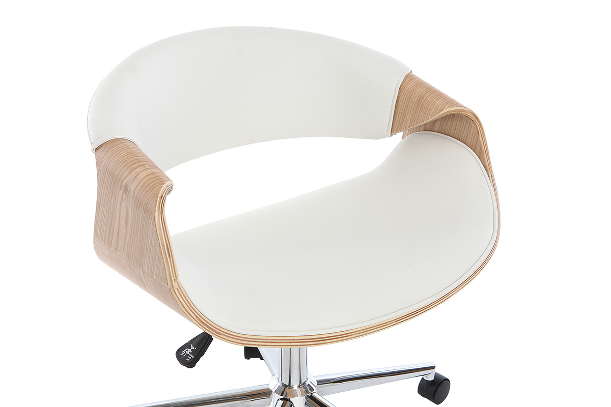 Chaise de bureau ARAMIS blanche avec accoudoirs bois clair, vue de profil.