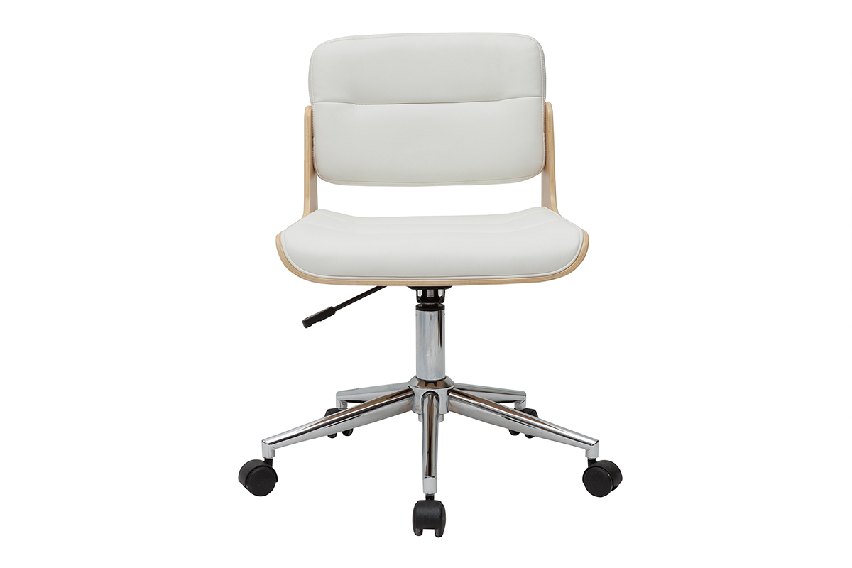 Chaise de bureau � roulettes design blanc, bois clair et acier chrom� ARAMON