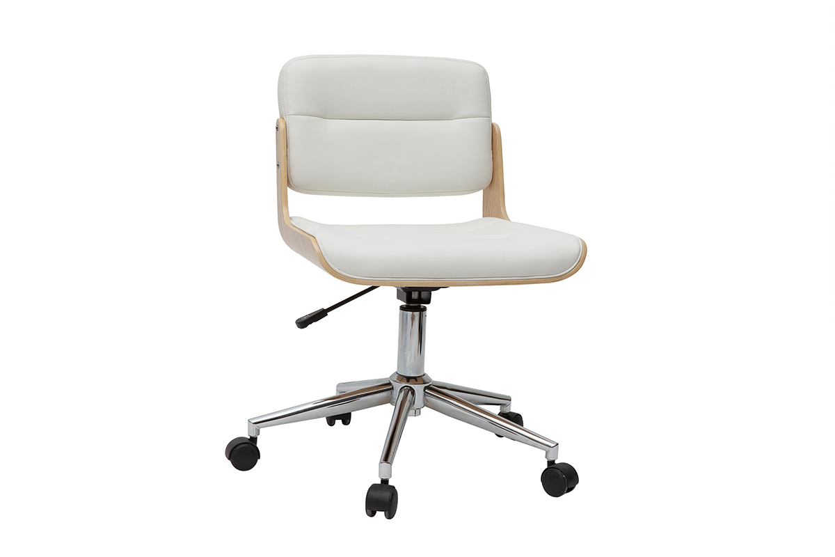 Chaise de bureau � roulettes design blanc, bois clair et acier chrom� ARAMON