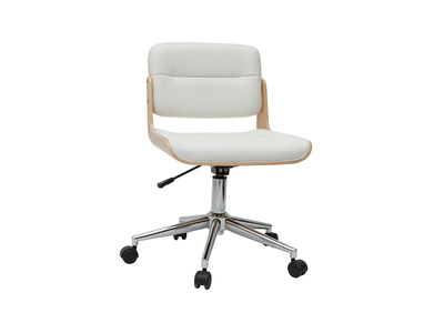 Chaise de bureau &agrave; roulettes design blanc, bois clair et acier chrom&eacute; ARAMON
