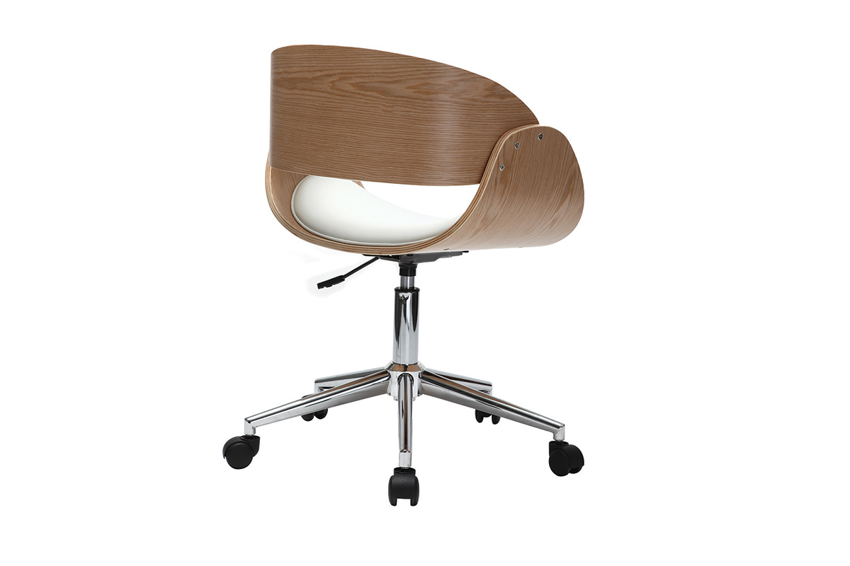 Chaise de bureau � roulettes design blanc, bois clair et acier chrom� BENT