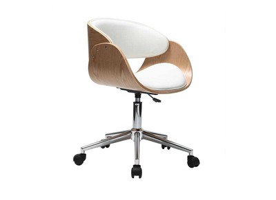 Chaise de bureau &agrave; roulettes design blanc, bois clair et acier chrom&eacute; BENT