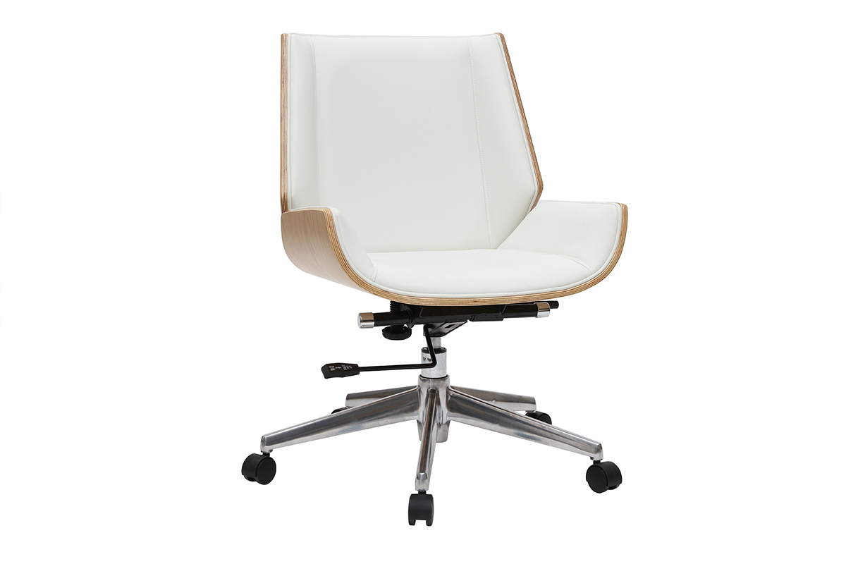 Chaise de bureau � roulettes design blanc, bois clair et acier chrom� CURVED