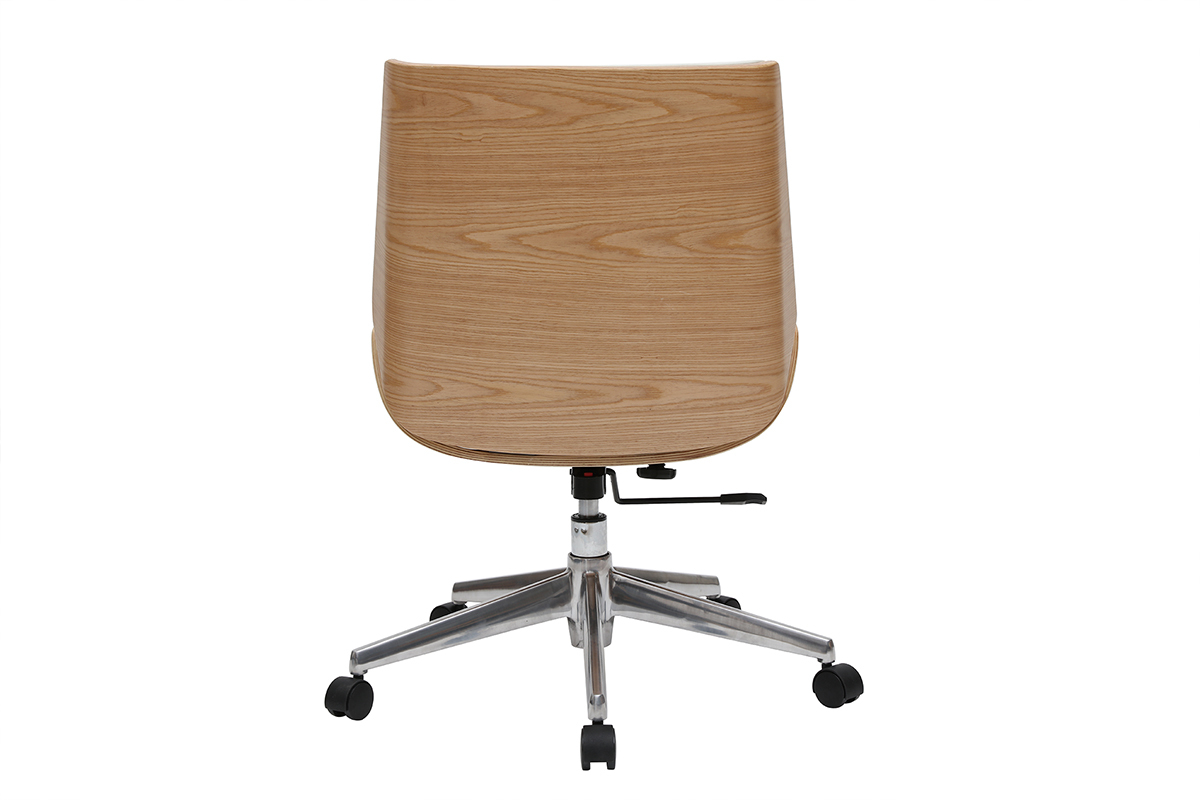 Chaise de bureau � roulettes design blanc, bois clair et acier chrom� CURVED