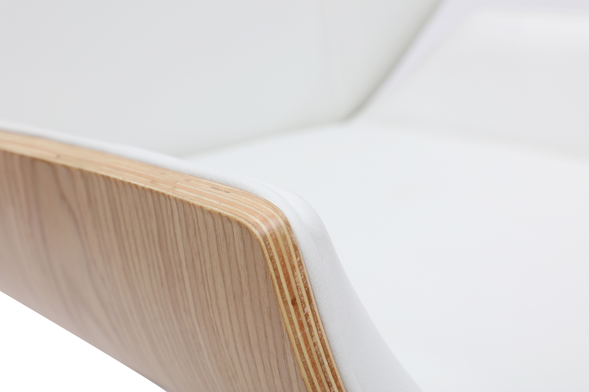 Chaise de bureau � roulettes design blanc, bois clair et acier chrom� CURVED