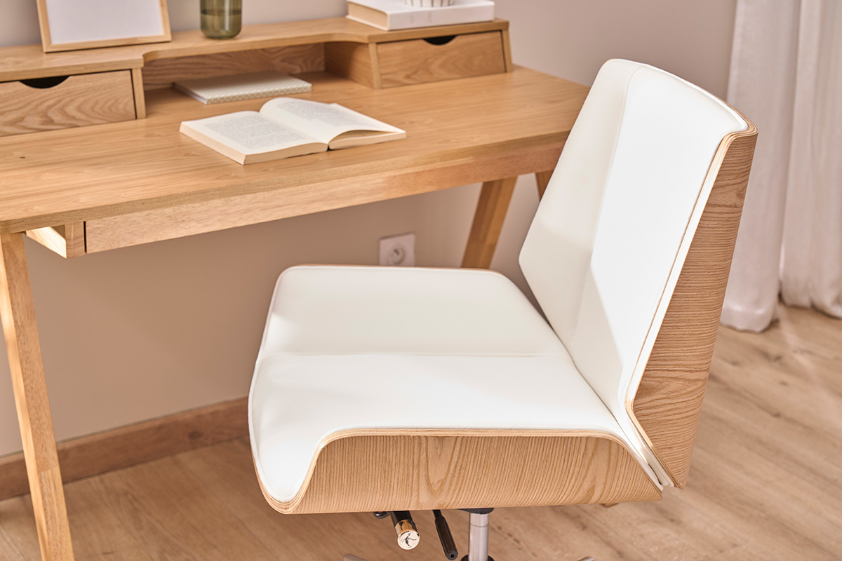 Chaise de bureau � roulettes design blanc, bois clair et acier chrom� CURVED