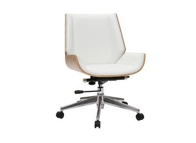 Chaise de bureau &agrave; roulettes design blanc, bois clair et acier chrom&eacute; CURVED