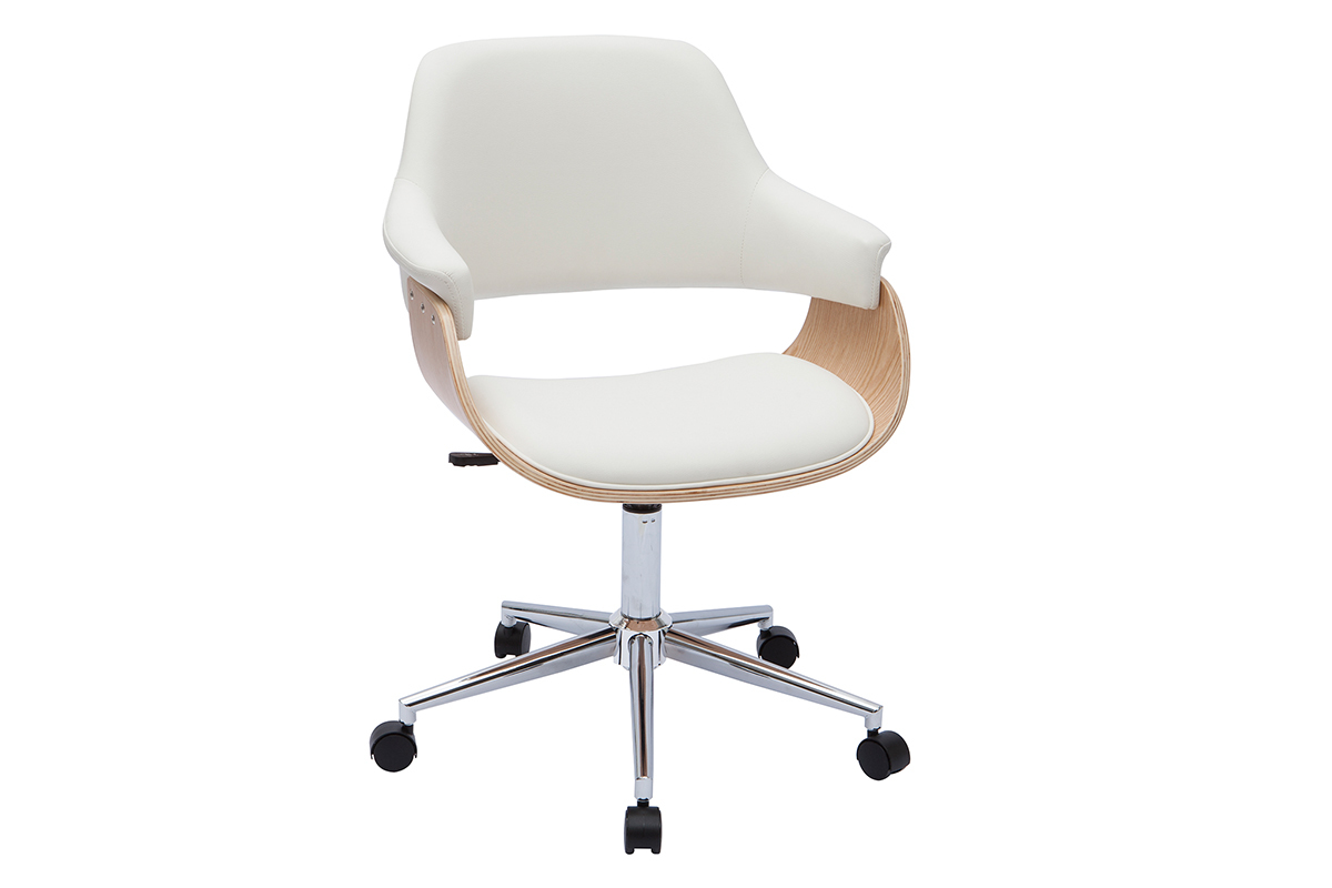 Chaise de bureau � roulettes design blanc, bois clair et acier chrom� HANSEN