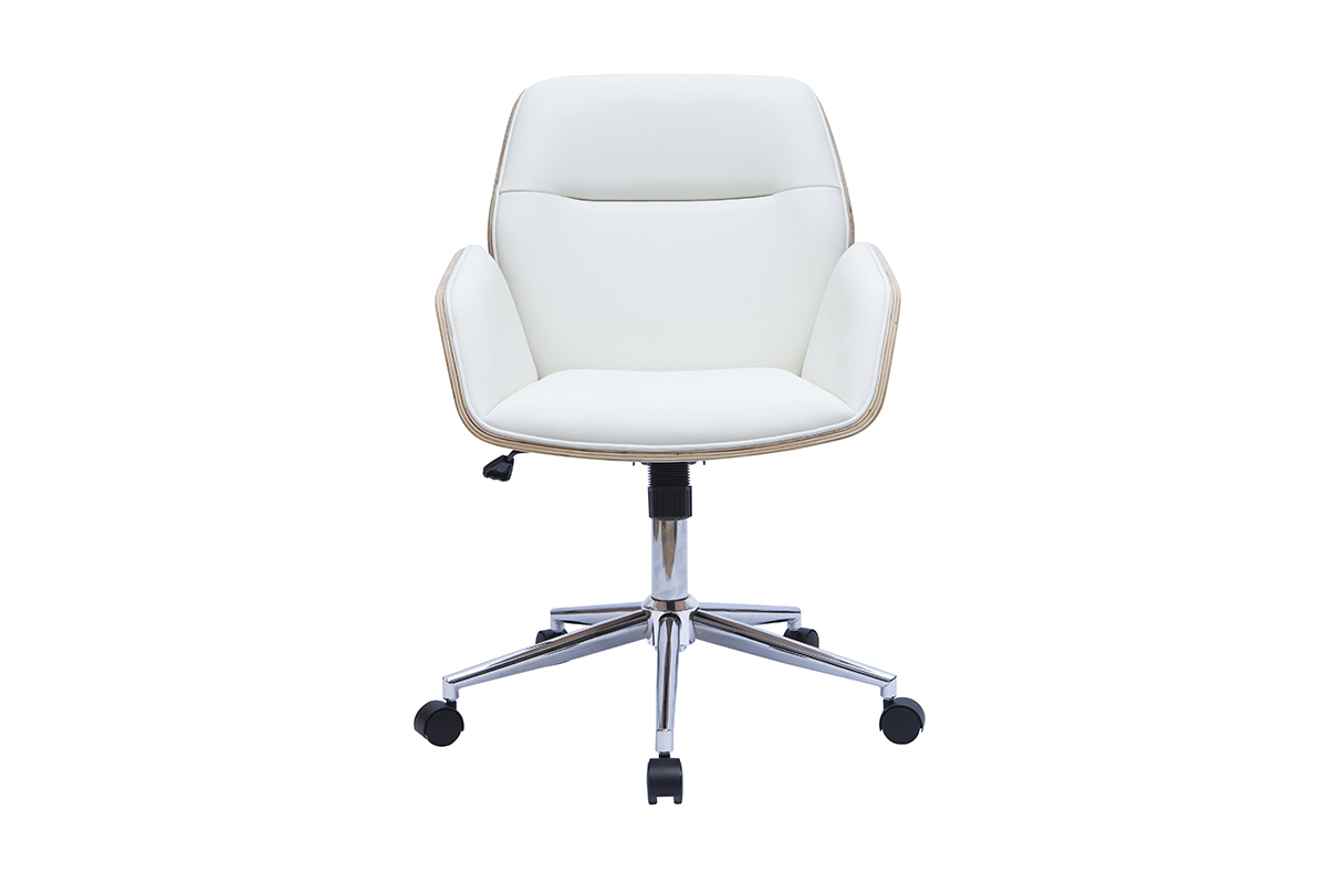 Chaise de bureau � roulettes design blanc, bois clair et acier chrom�  MARLOW