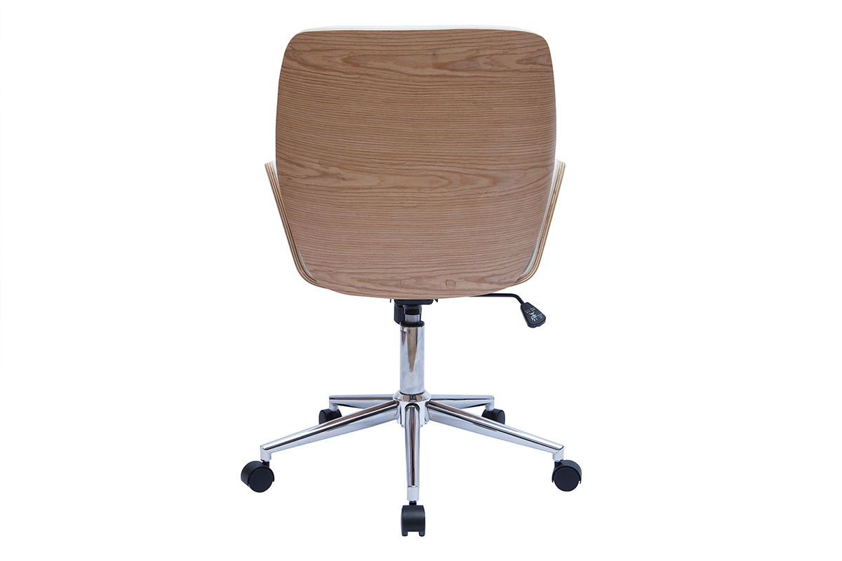 Chaise de bureau � roulettes design blanc, bois clair et acier chrom�  MARLOW