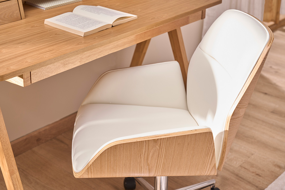 Chaise de bureau � roulettes design blanc, bois clair et acier chrom�  MARLOW