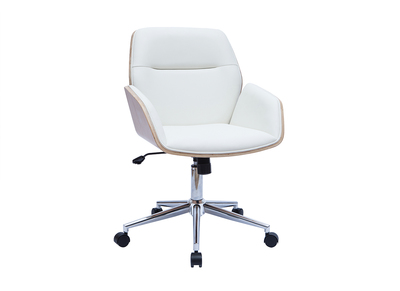 Chaise de bureau &agrave; roulettes design blanc, bois clair et acier chrom&eacute;  MARLOW