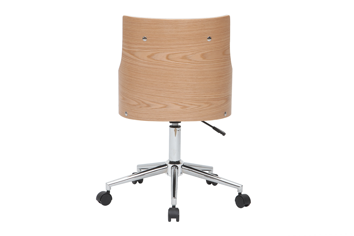 Chaise de bureau � roulettes design blanc, bois clair et acier chrom� MAYOL