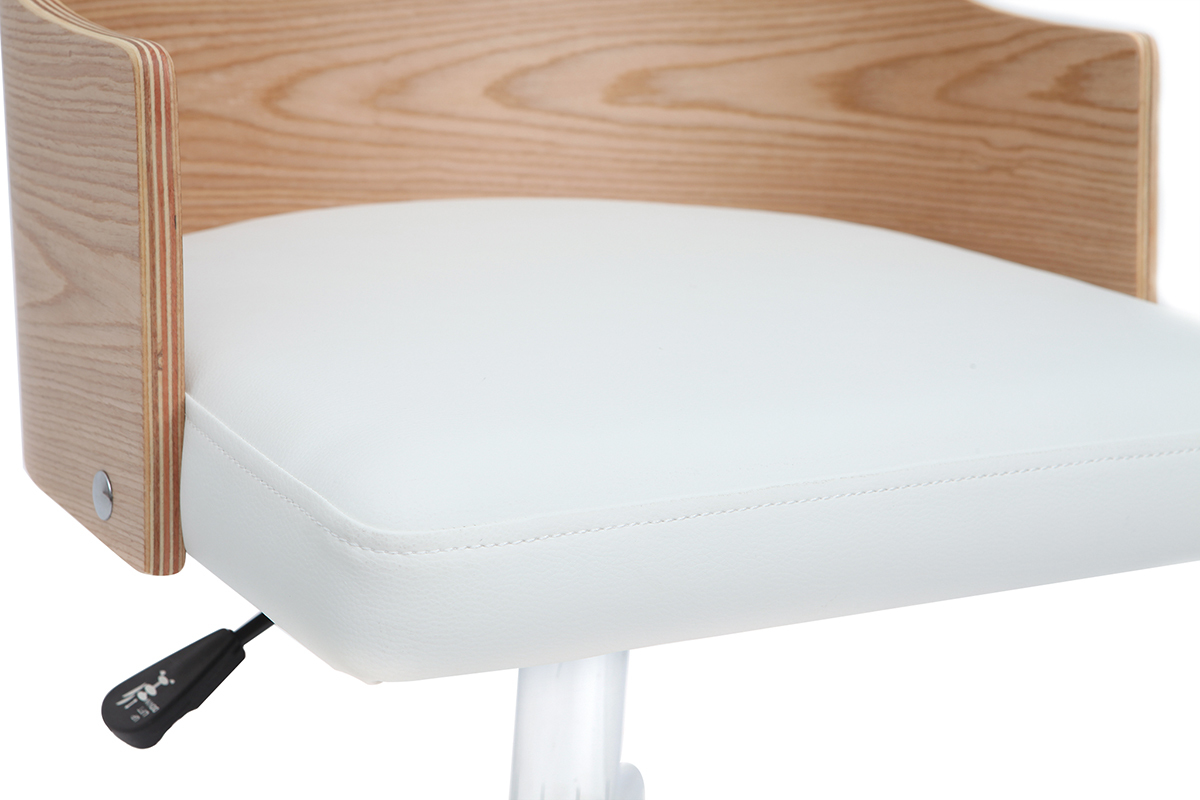 Chaise de bureau � roulettes design blanc, bois clair et acier chrom� MAYOL