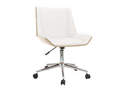 Chaise de bureau &agrave; roulettes design blanc, bois clair et acier chrom&eacute; MELKIOR