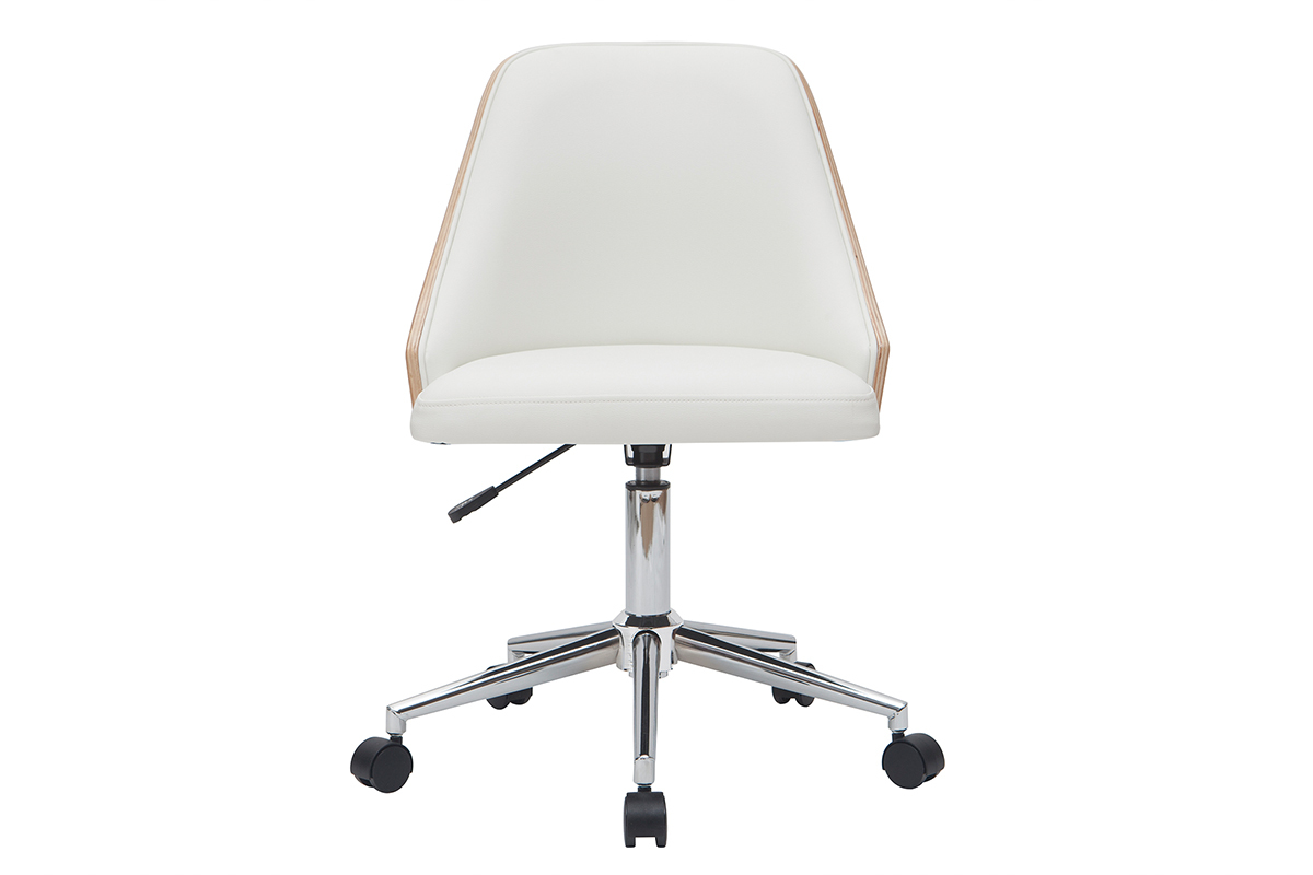 Chaise de bureau � roulettes design blanc, bois clair et acier chrom� QUINO