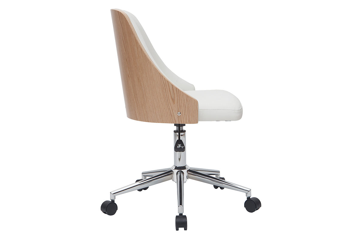 Chaise de bureau � roulettes design blanc, bois clair et acier chrom� QUINO