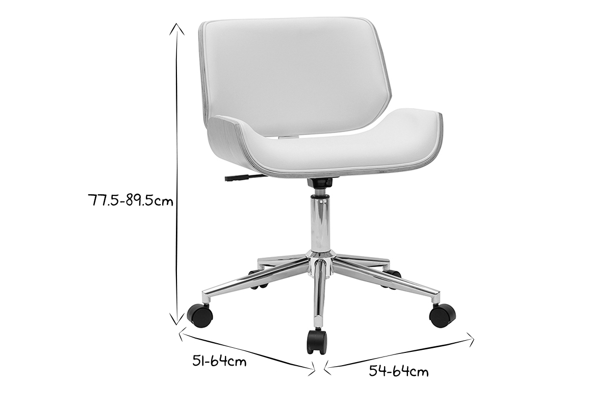 Chaise de bureau � roulettes design blanc, bois clair et acier chrom� RUBBENS