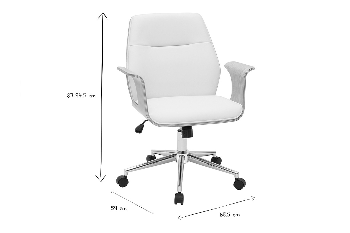 Chaise de bureau � roulettes design blanc, bois clair et acier chrom� RUFIN