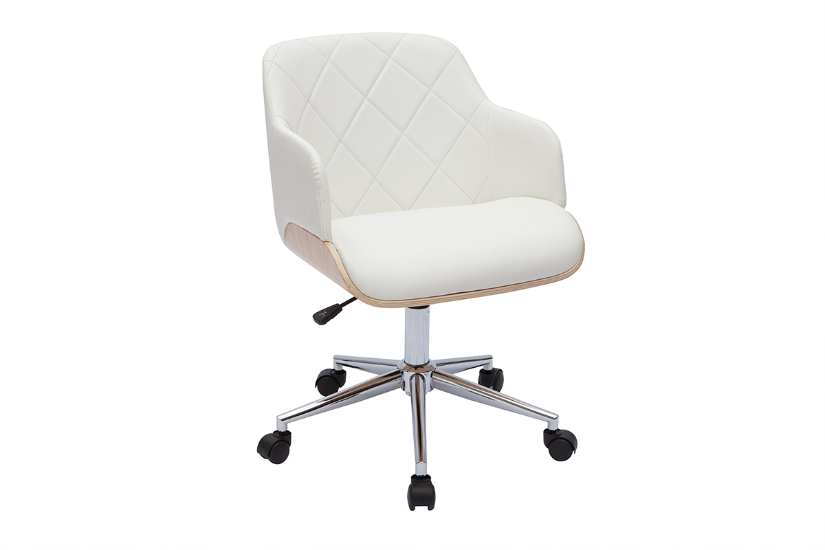 Chaise de bureau � roulettes design blanc, bois clair et acier chrom� SANDRO