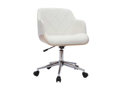 Chaise de bureau &agrave; roulettes design blanc, bois clair et acier chrom&eacute; SANDRO