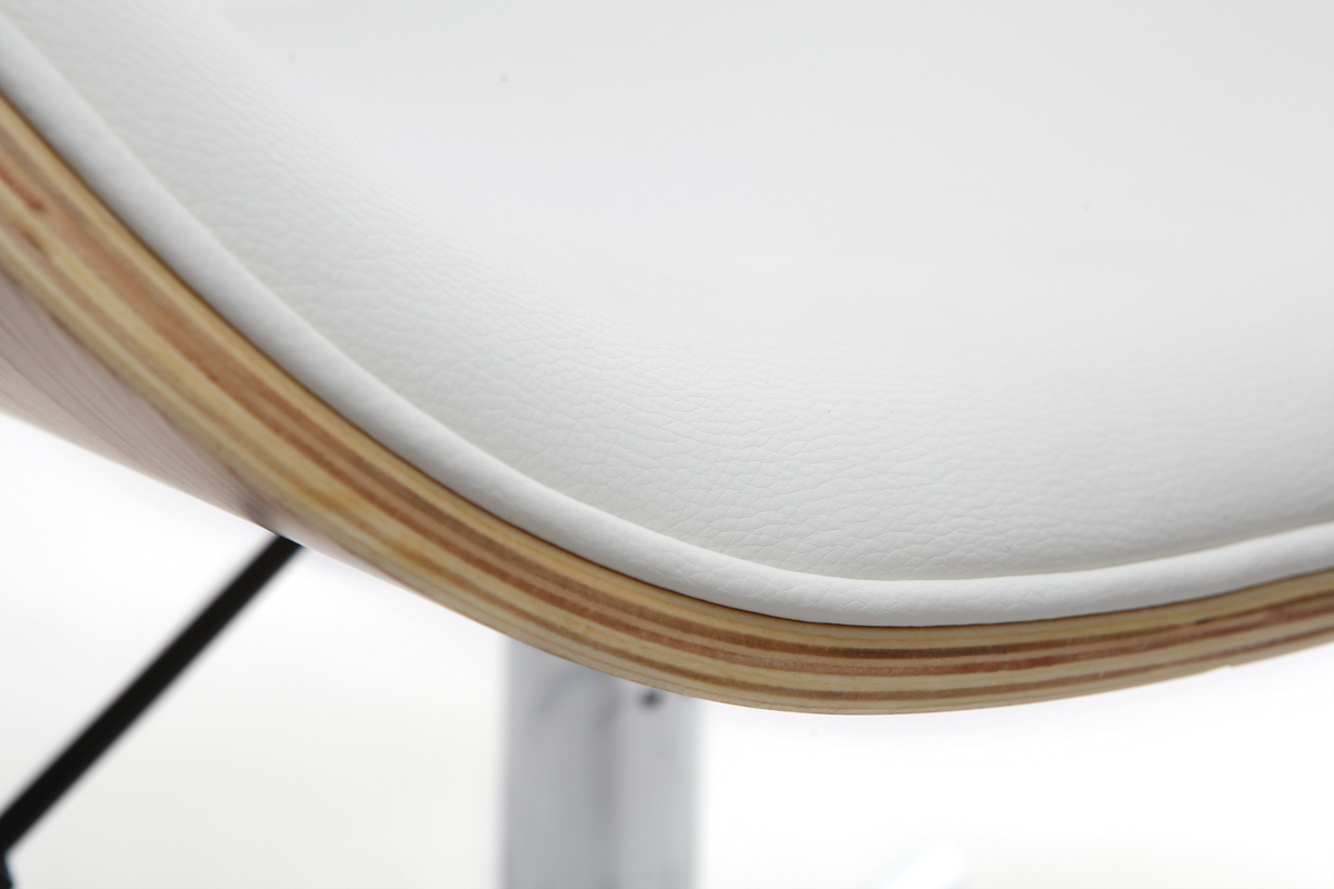 Chaise de bureau � roulettes design blanc, bois clair et acier chrom� WALNUT